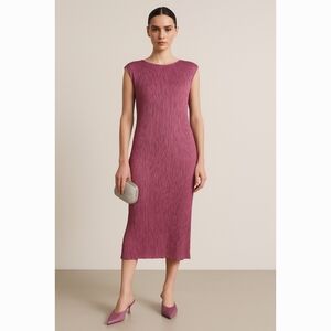 NST Mauve Micro-Pleated Sleeveless Midi Dress Size S Minimalist Modern Elegant